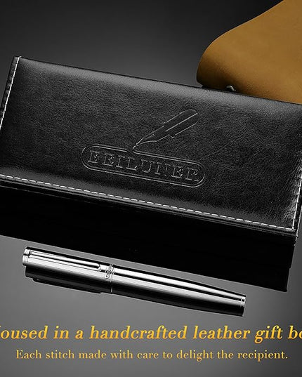 BEILUNER Silver Fountain Pen,Stunning Luxury Pens with Bright Silver Chrome, Gorgeous 24K Gilded Nib(Fine),Gift Pen Set for Men&Women -Ink Converter-Elegant, Professional, Nice Pen for Writing