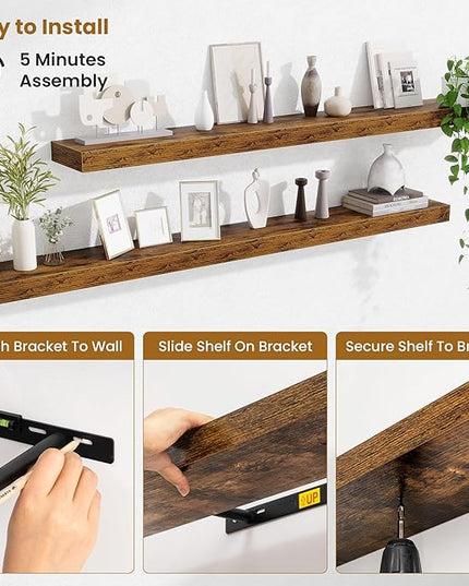 Fun Memories 55 Inch Floating Shelves Bedroom, Large Extra Floating Shelf Set of 2 with Invisible Brackets, Rustic Brown