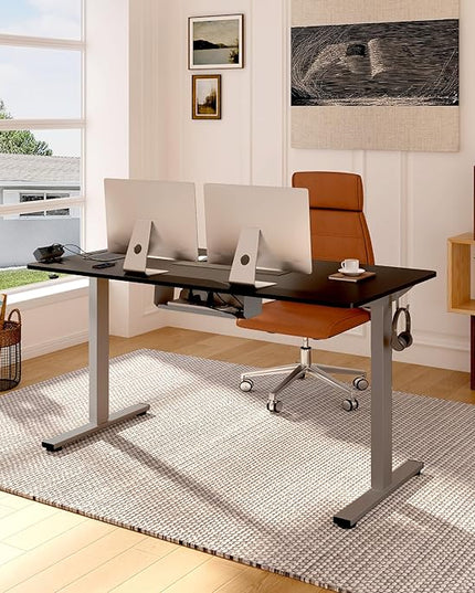 FLEXISPOT EN2 Whole-Piece Standing Desk with Clamp Power Strip, 55 x 28 Electric Stand Up Height Adjustable Desk with Cable Management (Gray Frame + 55" Black Top, 2 Packages)