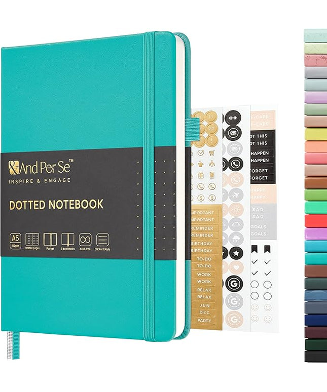 &And Per Se Dotted Journal Notebook, A5 Hardcover Leather Bullet Dotted Journal, 160 Pages 100 gsm Thick Paper, 3 Sheets of Stickers Included- 5.7'' x 8'' (Turquoise)