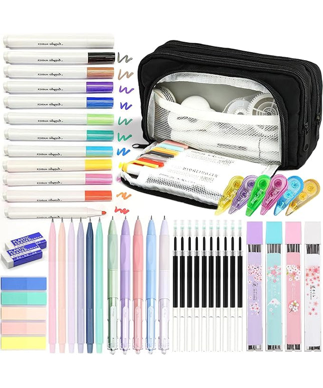 Ristpal 42 PCS Aesthetic School Supplies with Large Pencil Case, 12 Marker Pens with box, 5 Black Ink Gel Pens, 6 Mechanical Pencils Set, Sticky Notes, Complete Essentials Stationery Kit for Students