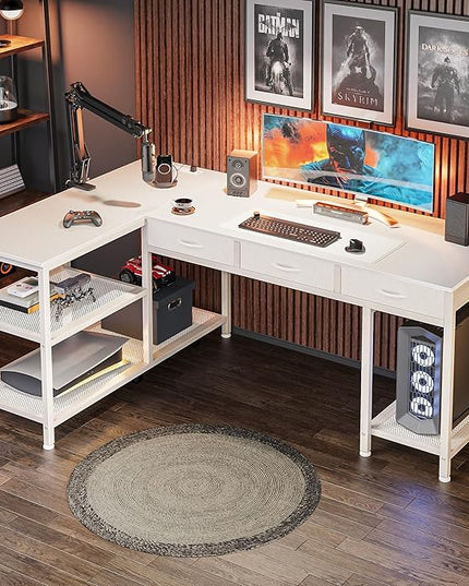 PRAISUN 55 Inch L Shaped Office Desk with Power Outlets and Type-C Port, Large Computer Gaming Desk with 3 Fabric Drawers, Mesh Shelves, Corner Study Work Writing Desk, White