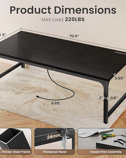 Huuger 71 x 31.5 Inch Desk with Power Outlets & USB-C, 0.95 Inch Thicker Desktop, Robust Metal Tubes, Deep Computer Desk, Heavy Duty Office Desk, Work Desk for Home Office, Black