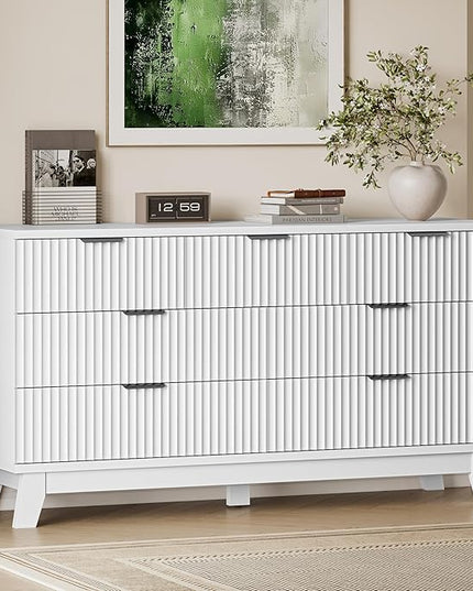 BORNOON 57" Long Dresser for Bedroom, 7-Drawer Fluted Chest, Wide Wood Storage Dresser with Metal Slides and Handles, Stable Base, Modern Clothes Organizer for Primary Suite, Guest Room, Nursery