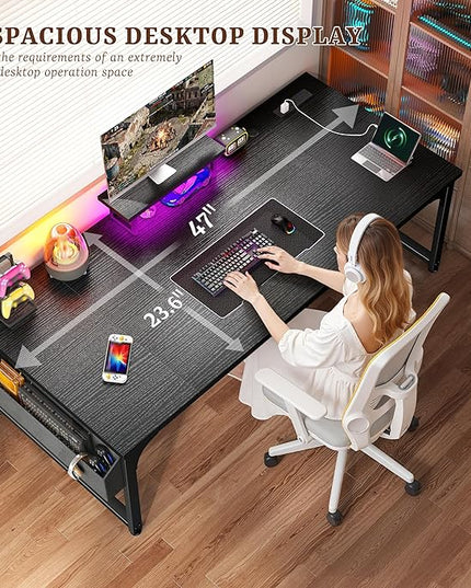 Gaming Desk with LED Light & Power Outlets, Computer Desk with Monitor Stand & 24mm Thicker Desktop,Office Writing Desk for Home Office, Study, Bedroom, Black