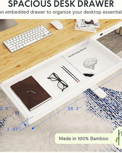 SANODESK Standing Desk with Drawer,Dual Motor 3 Stage Electric Height Adjustable Home Office Desk with Storage & Wireless Charging, 55 inch Bamboo Tabletop/White Frame