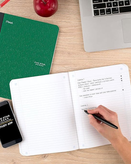 Five Star Composition Book + Study App, 4 Pack, College Ruled Paper, 7-1/2" x 9-3/4", 80 Sheets, Forest Green, Pacific Blue, Fire Red and Black (850065B-ECM)