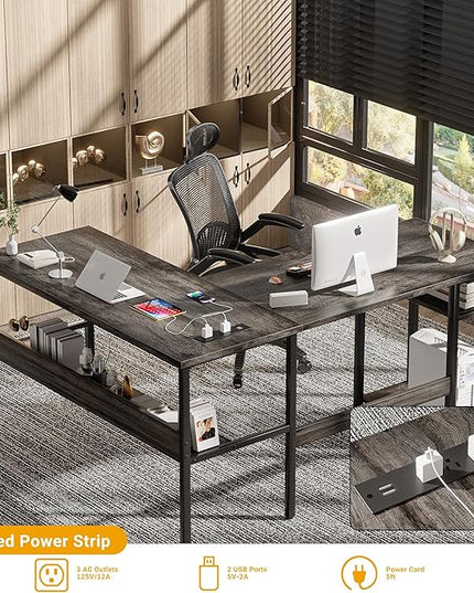Unikito Reversible L Shaped Desk with Magic Power Outlets and USB Charging Ports, Sturdy Corner Computer Desk with Storage Shelves, Gaming Desk for Home Office, Easy to Assemble, Black Oak