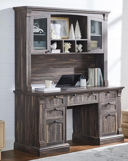 OKD Farmhouse Hutch for 60" Executive Desk, Office Desk Storage Cabinet with Glass Doors and Shelves, Top Hutch Organizer for Home Office - Dark Rustic Oak
