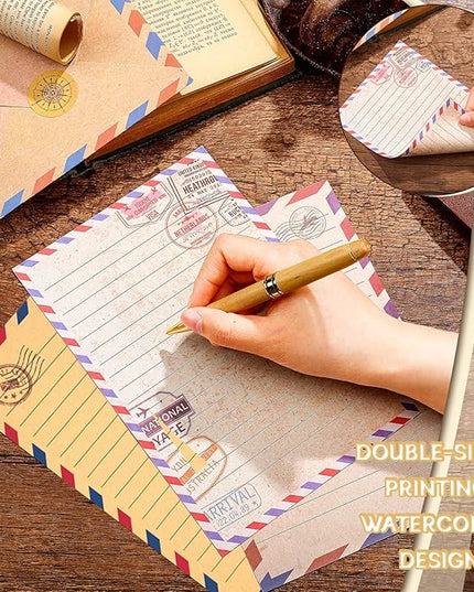 TaoBary 160 Pcs Stationery Paper Set 50 Double Sided Stationery Papers with 50 Matching Envelopes and 60 Round Dot Sticker, 10 Design(Vintage Airmail,5.5 x 8.25 Inch)