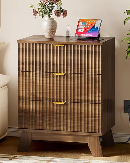 BORNOON 30.5" Nightstand with Charging Station, 3-Drawer Fluted Bedroom Chest, Wood Bedside Dresser with Power Outlets and USB Ports, Stable Base, Modern Storage Cabinet for Small Spaces