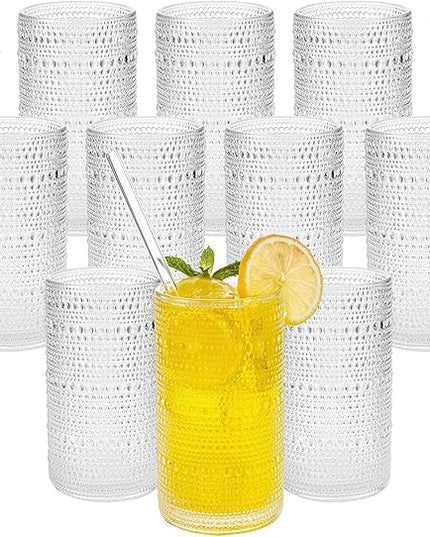 Vintage Hobnail Drinking Glasses Set of 12, 16 oz Large Capacity Embossed Clear Tumblers, Highball Glasses for Water, Cocktail, Beer, Whiskey, Kitchen & Bar Use