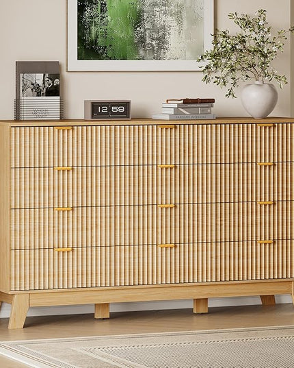 BORNOON 57" Wide Dresser for Bedroom, 12-Drawer Fluted Dresser with Metal Handles, Wood Chest of Drawers with Smooth Slides and Stable Base, Modern Storage Cabinet for Living Room, Nursery