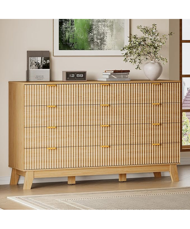BORNOON 57" Wide Dresser for Bedroom, 12-Drawer Fluted Dresser with Metal Handles, Wood Chest of Drawers with Smooth Slides and Stable Base, Modern Storage Cabinet for Living Room, Nursery