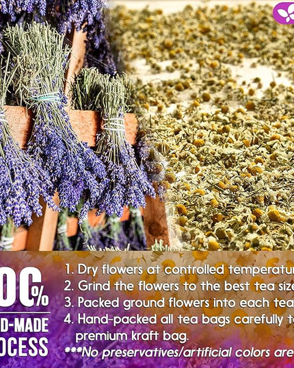 FreshDrinkUS, Premium 60 Chamomile Lavender Tea Bags, Calming Herbal Blend Strong Support for Relaxation & Better Sleep | Naturally Caffeine-Free Bedtime Tea with Soothing Floral Aroma, 100% Natural, Hand-made No Sugar/ Caffeine/ Gluten, Vegan