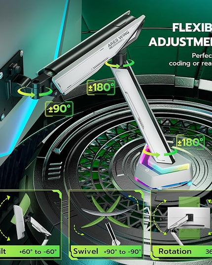 ARES WING RGB Single Monitor Arm Desk Mount for 17-45 inches Flat and Curved Monitors, Holds 35.2 lbs Heavy Duty, Adjustable Ultrawide Monitor Arm with Clamp & Grommet Base, 75/100 VESA Mount, White