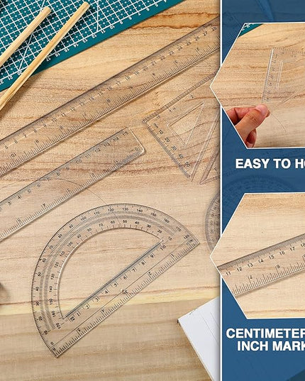 Tenare 1 Set Plastic Clear Math Set Includes Protractor Triangle Rulers 12 Inch 6 Inch Straight Geometry Math Transparent Ruler Measuring Tool for School Office Home Supplies(Clear)