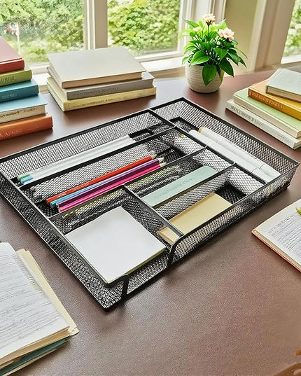 Desk Drawer Organizer Metal Mesh Drawer Organizer Tray for Office School or Home Supplies Desktop Storage Stationery，6 Compartments, 12.6 x 8.27 x 1.57 inch，Black (1pc pack)