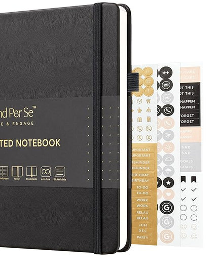 &And Per Se Dotted Journal Notebook, A5 Hardcover Leather Bullet Dotted Journal, 160 Pages 100 gsm Thick Paper, 3 Sheets of Stickers Included (Black)