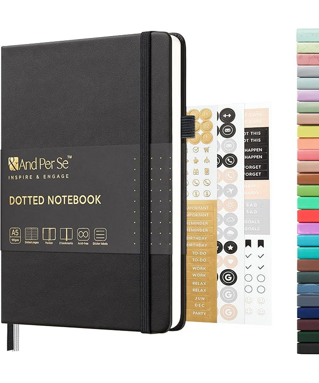 &And Per Se Dotted Journal Notebook, A5 Hardcover Leather Bullet Dotted Journal, 160 Pages 100 gsm Thick Paper, 3 Sheets of Stickers Included (Black)