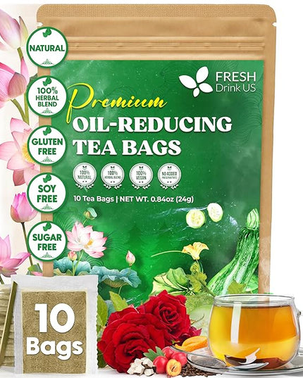 FreshDrinkUS, Oil-Reducing Herbal Tea – 10 Tea Bags | Blend of Winter Melon, Lotus Leaf, Ginger, Hawthorn, Gardenia Fruit, Rose, Cassia Seed & More | Naturally Caffeine-Free | Delicious Hot or Iced