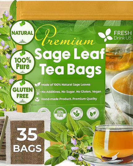 FreshDrinkUS, Premium 35 Sage Leaf Tea Bags, 100% Natural & Pure from Sage Leaves. Loose Leaf Herbal Tea. Made with Natural Material Tea Bags. No Sugar, No Caffeine, No Gluten, Vegan.