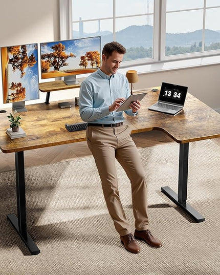 L-Shaped Standing Desk - 63 Inch Adjustable Corner Standing Desk with Flexible Monitor Stand, Electric Sit Stand Computer Table with Memory Controller for Home Office