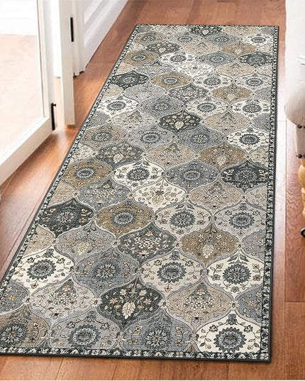 Lahome Moroccan Trellis Kitchen Runner Rug, 2x5 Washable Runners for Hallways Non Slip Soft Hallways Rug Ultra-Thin Vintage Long Carpet for Bedroom Bathroom, Grey