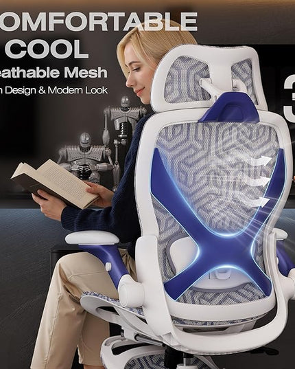 ELABEST X100 Ergonomic Mesh Office Chair with Footrest, Big and Tall Hone Desk Chair with 5D Flip-Up Arms, Adjustable 3D Lumbar Support,Gaming & Executive Computer Chairs for Long Hours