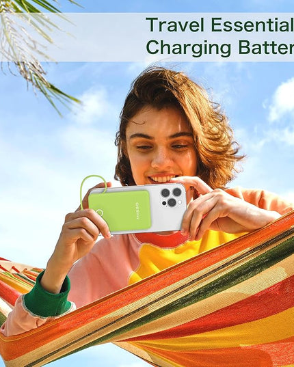 miisso 6000mah Ultra Slim Built in Cables Power Bank, Card Size Built in USB C Cords Battery Pack Portable Charger for Phones, 3 Output External Battery Pack Compatible with iPhone, Deep Green