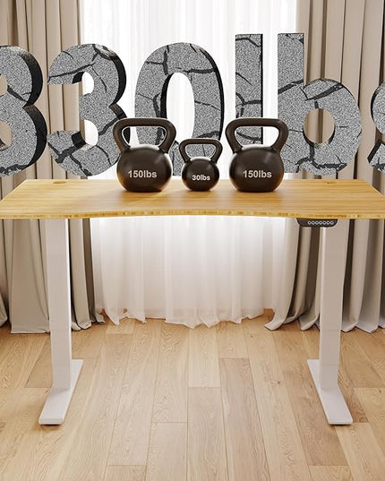 FLEXISPOT E6 MAX Bamboo 60x30 Inch Dual Motor 3-Stage Heavy Duty Standing Desk, 330lbs Weight Capacity, Height Adjustable Desk w/Cable Management & Wheels (Solid Bamboo Curved Desktop + White Frame)