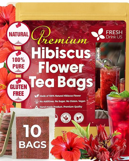 FreshDrinkUS, Premium 10 Hibiscus Flowers Tea Bags, 100% Natural, Pure from Hibiscus Flowers. Loose Flower Herbal Tea. No Sugar, No Caffeine, No Gluten, Vegan.