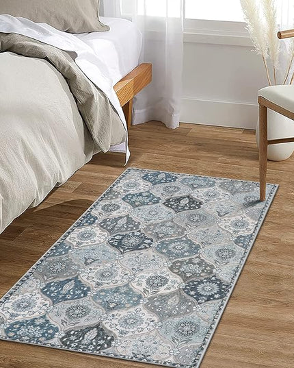 Lahome Moroccan Trellis Small Area Rug, 2x4 Rugs for Entryway Non-Slip Vintage Ultra-Thin Washable Indoor Door Mat Distressed Throw Carpet for Bathroom Kitchen Bedroom, Blue