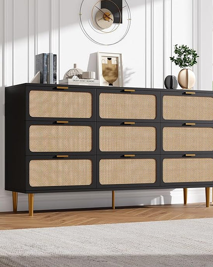 Garvee Rattan Dresser with 9 Drawers, Tall Modern Closet with Deep Storage, Large Chest of Drawers with Wide Top, Long Wooden Dresser for Bedroom, Living Room, Hallway, Kids Room, Black