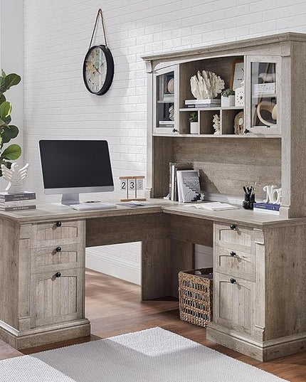 OKD 60" L Shaped Executive Desk with Hutch and Drawers, Farmhouse Home Office Desk with Charging Station, File Cabinet Storage, Wood Corner Computer Desk for Work and Study, Light Rustic Oak