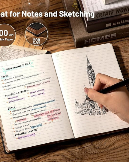 CAGIE Compass Leather Notebook Journal for Men, 100 GSM 288 Pages Lined Journals for Writing, A5 Hardcover Journaling Notebooks Gift Set with Pen for Travel Office Daily Writing