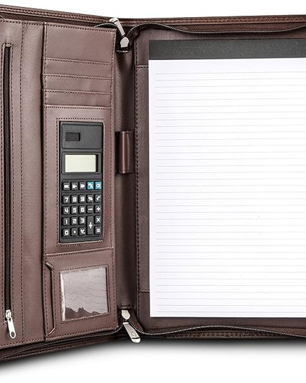 Cossini Premium Business Portfolio with Zipper – Padfolio - Superior Business Impressions Begin with PU Vegan Leather, 10.1 Inch Tablet Sleeve, Smart Storage, Solar Calculator, Writing Pad -Brown