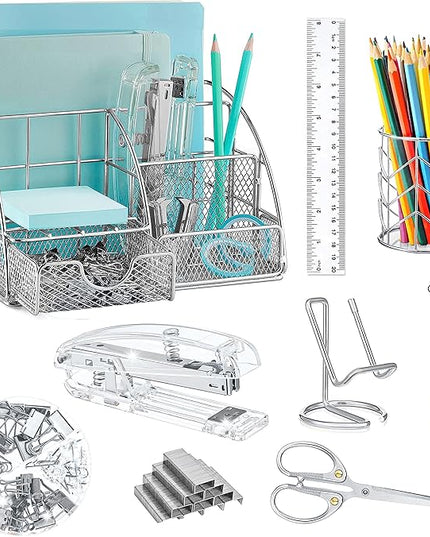 Silver Desk Organizers and Accessories Office Supplies Set Stapler, Pen Holder, Phone Holder, Scissors, Pen, Ruler, 30 Paper Clips, 22 Binder Clip, 20 Tacks and 1000pcs Staples
