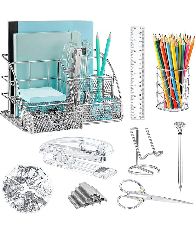 Silver Desk Organizers and Accessories Office Supplies Set Stapler, Pen Holder, Phone Holder, Scissors, Pen, Ruler, 30 Paper Clips, 22 Binder Clip, 20 Tacks and 1000pcs Staples