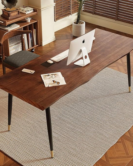 Solid Wood Desk 55 inches, Home Office Computer Desk Wooden Rustic Writing Desk Metal Modern Simple Design Executive Real Wood Desk(Walnut)