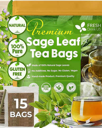 FreshDrinkUS, Premium 15 Sage Leaf Tea Bags, 100% Natural & Pure from Sage Leaves. Loose Leaf Herbal Tea. Made with Natural Material Tea Bags. No Sugar, No Caffeine, No Gluten, Vegan.