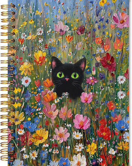 Colorful Floral Cat Spiral Notebook Journal 5.5x8.3, Gifts for Cat Lovers Women, Cottagecore Moody Black Kitten Journal for Women, Rustic Flower Journaling Notebooks