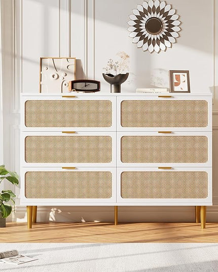 Garvee Rattan Dresser with 6 Drawers, Tall Modern Closet with Deep Storage, Large Chest of Drawers with Wide Top, Long Wooden Dresser for Bedroom, Living Room, Hallway, Kids Room, White