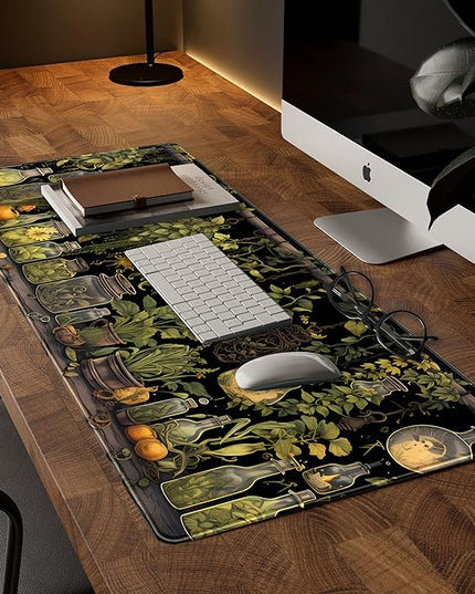Desk Mat Green Plants Mouse Pad Gaming Mat Dark Keyboard Mat, Long Mouse Mat XXL Extended Desktop Mat Magical Bottles Computer Mats with Stitched Edges, Office Desk Accessory 31.5" x 15.7"