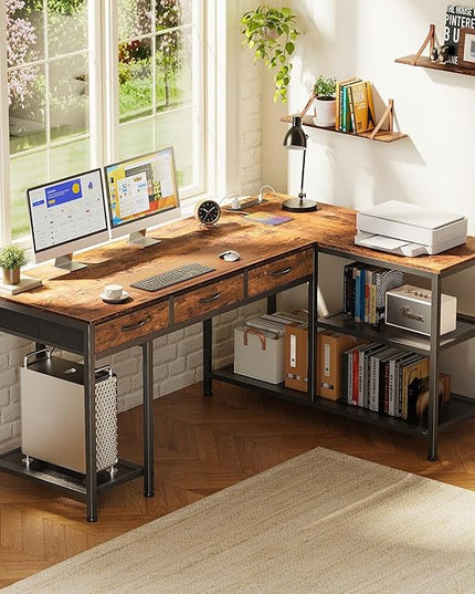 PRAISUN 55 Inch L Shaped Office Desk with Power Outlets and Type-C Port, Large Computer Gaming Desk with 3 Fabric Drawers, Mesh Shelves, Corner Study Work Writing Desk, Rustic Brown