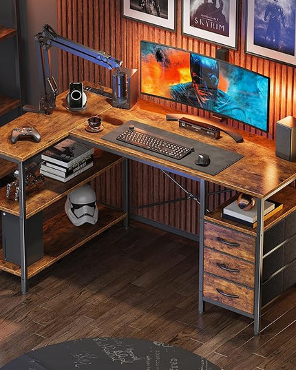 Huuger L Shaped Office Desk with Power Outlets, 47 Inch Computer Desk with 3 Drawers, Shelves, for Gaming, Corner Work, Home Office, Study, Rustic Brown