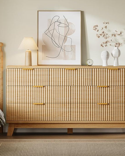 BORNOON 57" Long Dresser for Bedroom, 7-Drawer Fluted Chest, Wide Wood Storage Dresser with Metal Slides and Handles, Stable Base, Modern Clothes Organizer for Primary Suite, Guest Room, Nursery