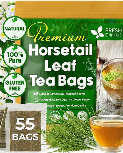FreshDrinkUS, Premium 55 Horsetail Leaf Tea Bags, 100% Natural & Pure from Horsetail Loose Leaves Herbal Tea. Made with Natural Material Tea Bags. No Sugar, No Caffeine, No Gluten, Vegan.