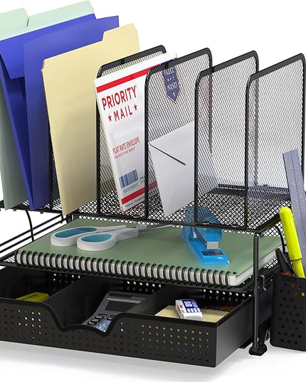 SIMPLE HOUSEWARE Mesh Desk Organizer with Sliding Drawer, Double Tray and 5 Upright Sections, Black
