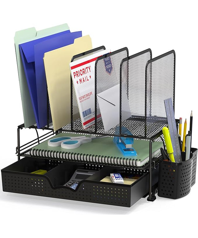 SIMPLE HOUSEWARE Mesh Desk Organizer with Sliding Drawer, Double Tray and 5 Upright Sections, Black